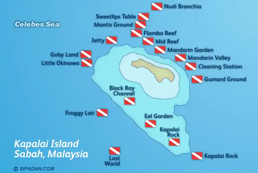 Discover Kapalai's world-class macro dive sites. Illustrated dive site map of Kapalai Island in Sabah, Malaysia, highlighting famous muck diving sites like Mandarin Valley, Froggy Lair, and Cleaning Station.