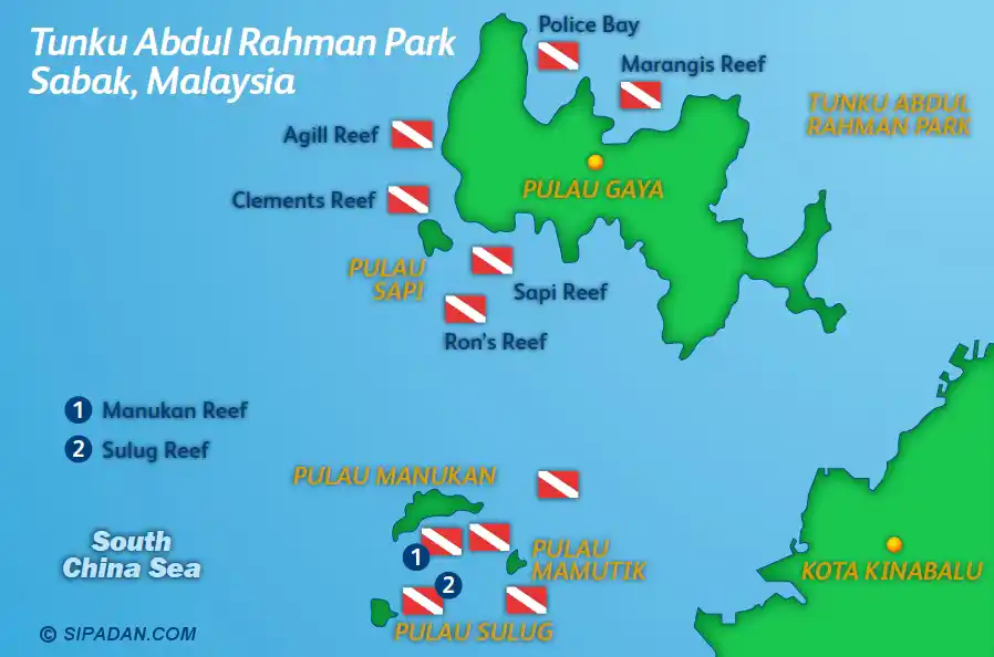 Discover the best dive sites just outside the city. Detailed dive site map of Tunku Abdul Rahman Park in Sabah, showing the islands and popular scuba locations near Kota Kinabalu like Agill Reef and Sapi Reef.
