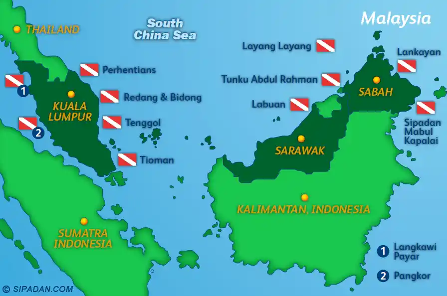 Discover all the best diving destinations in Malaysia. Comprehensive dive site map of Malaysia, highlighting premier diving destinations in both Sabah and Borneo, like Sipadan and Lankayan, and Peninsular Malaysia.