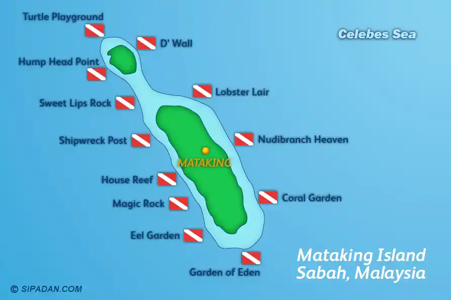 Discover Mataking's unique and fun dive sites. Illustrated dive site map of Mataking Island in Sabah, showing popular locations like the Underwater Post Office shipwreck, Turtle Playground, and Nudibranch Heaven.