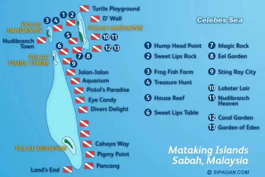 Explore the diverse dive sites of the Mataking group. Detailed dive site map of the Mataking Islands group in Sabah, including Pulau Pandanan and Timba Timba, with dive sites like Frog Fish Farm and Nudibranch Heaven.