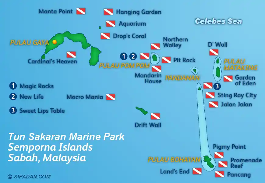 Discover all the dive sites in this marine park. Illustrated dive site map of the Tun Sakaran Marine Park and Semporna Islands, including popular dive areas around Pulau Gaya, Pom Pom, and Mataking.