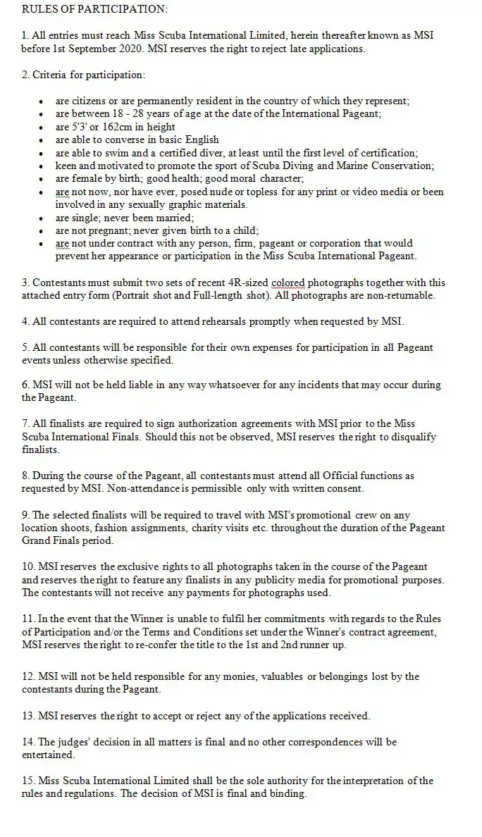 Learn about the rules for this unique pageant. Official rules of participation document for the Miss Scuba International pageant, outlining the criteria for all contestants.